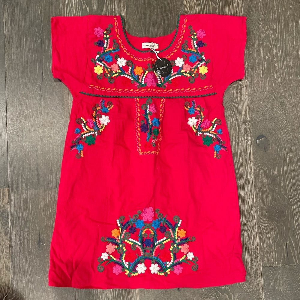 Red floral embroidered dress